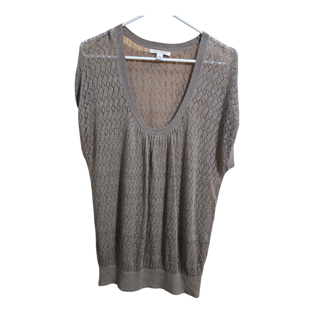 Banana Republic Womens Taupe Brown Pointelle Knit Scoop Neck Pleated Sweater L‎